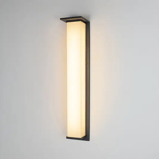 Black metal LED wall light on white background with frosted glass shade for minimalist modern decor.