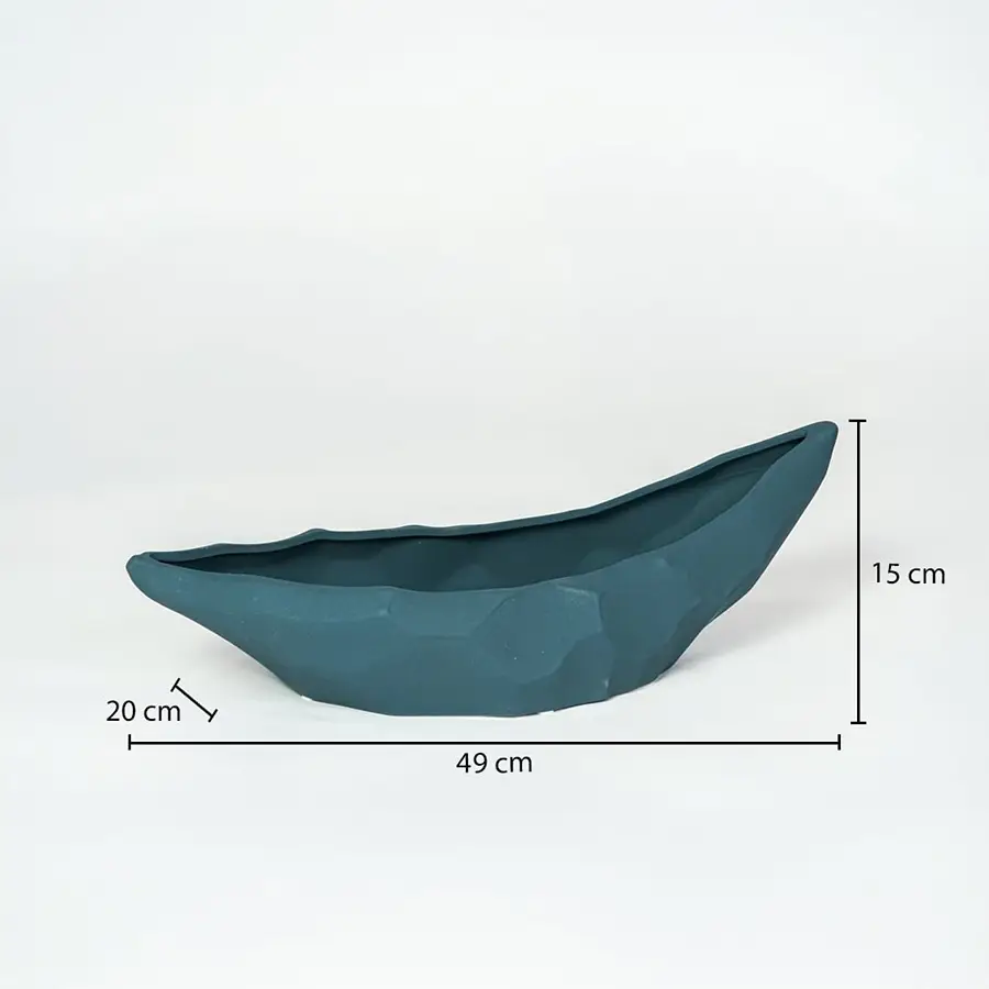 Teal ceramic decorative platter measuring 49 cm length 28 cm width and 15 cm height perfect for table styling.