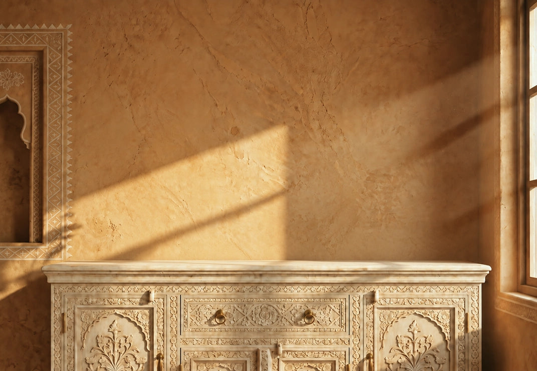 An ornate carved cream-colored cabinet or sideboard set against a textured warm ochre wall, with sunlight casting diagonal shadows across the wall and cabinet.