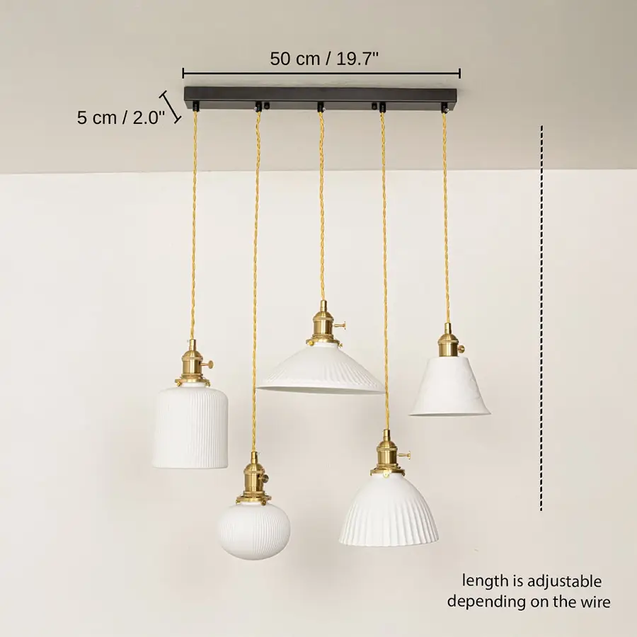 Five assorted white glass pendant lights, 50 x 5 cm (19.7 x 2.0 inches) dimensions