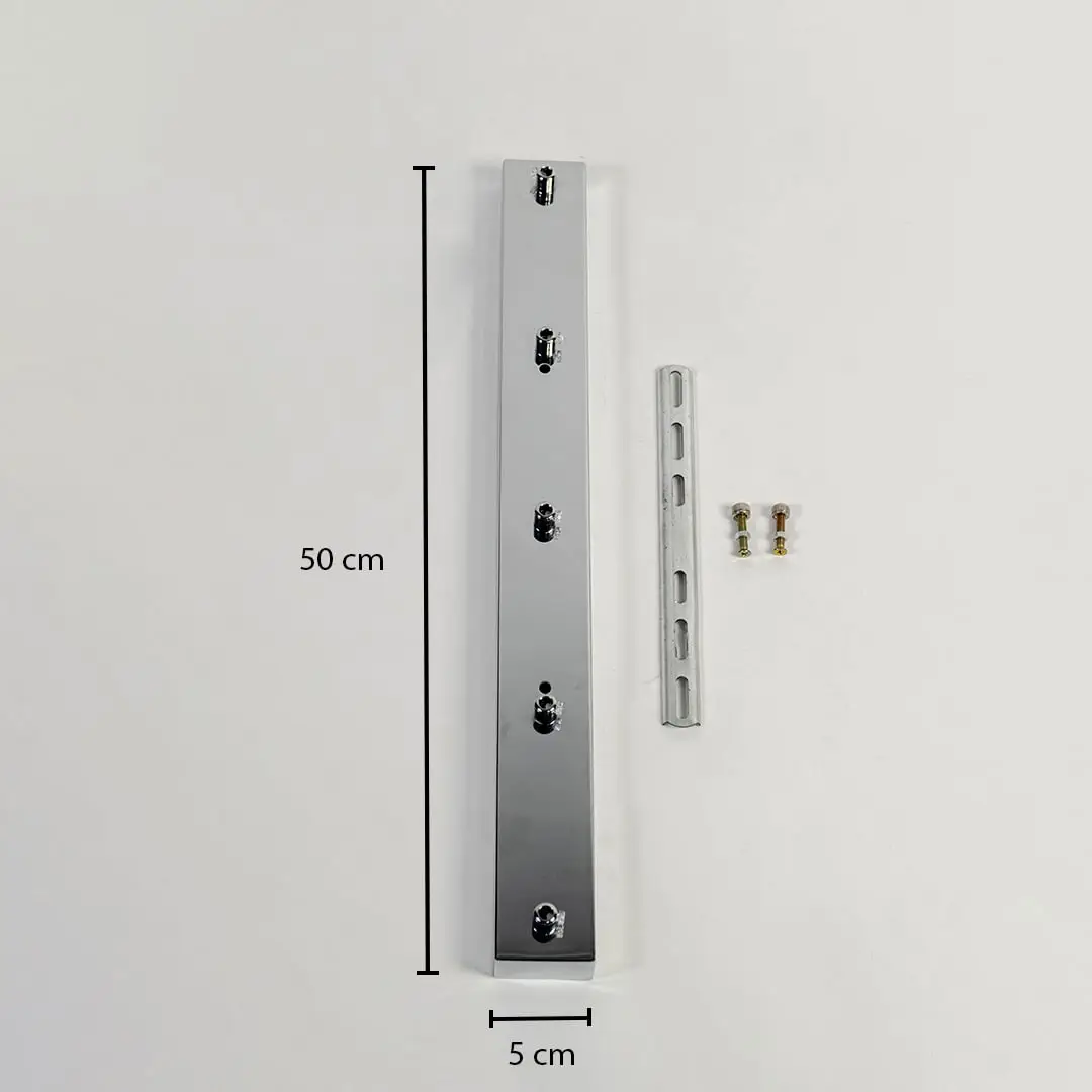 Silver metal ceiling mounting plate dimension image with 5 cm width and 60 cm length for pendant light installation.