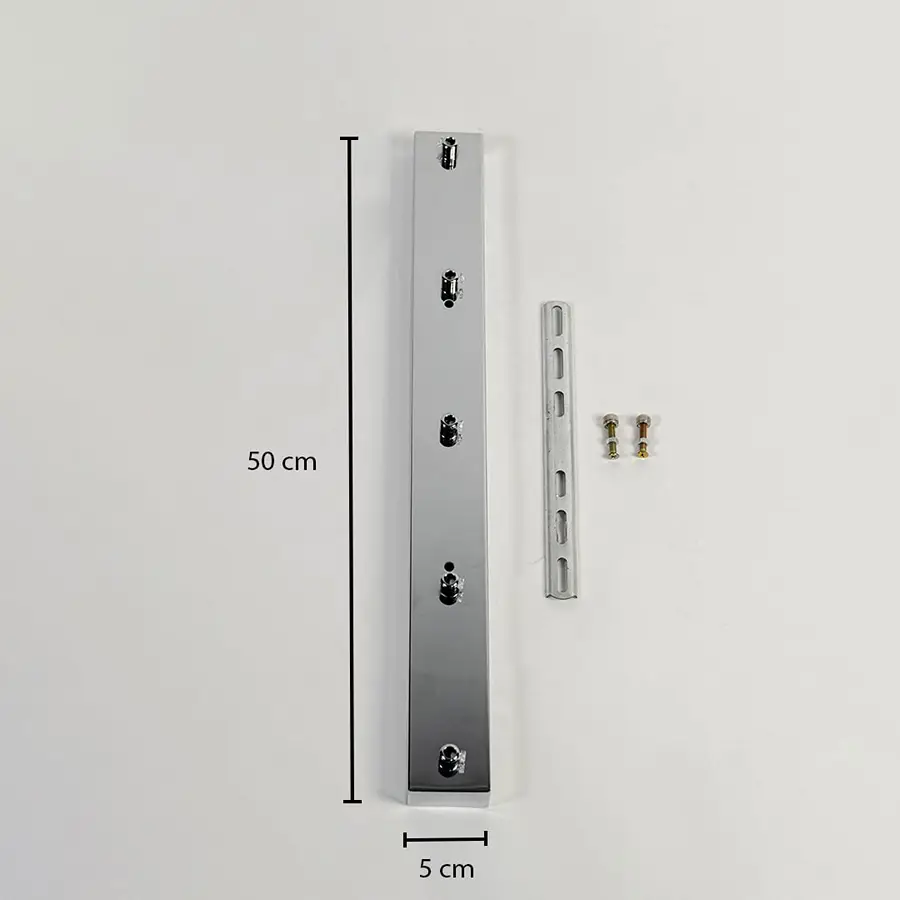Silver metal ceiling mounting plate dimension image with 5 cm width and 60 cm length for pendant light installation.