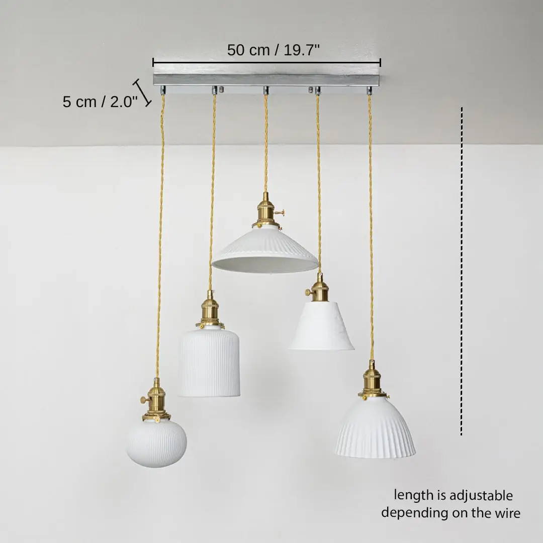 Five assorted white glass pendant lights, 50 x 5 cm (19.7 x 2.0 inches) dimensions