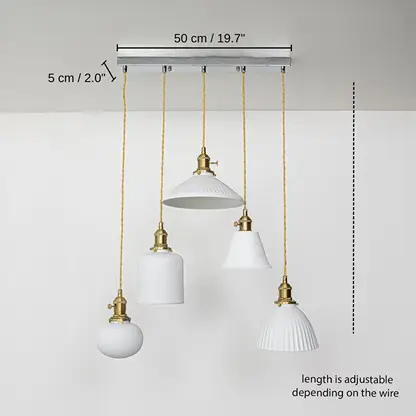 Five assorted white glass pendant lights, 50 x 5 cm (19.7 x 2.0 inches) dimensions