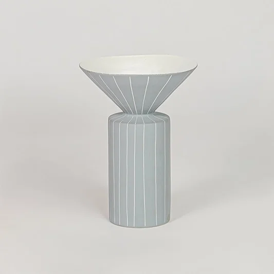 Blue ceramic flower vase with ribbed texture modern decorative vase for tabletop shelf console living room decor styling.