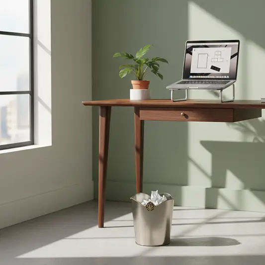 Modern white metal waste bin lifestyle image beside wooden desk for elegant minimalist office decor.