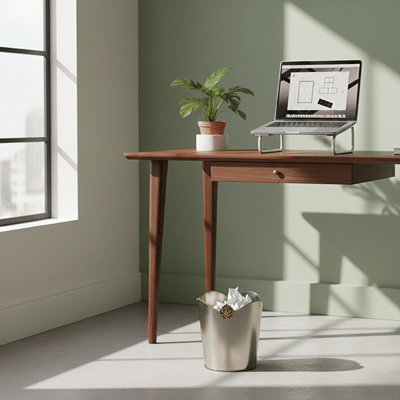 Modern white metal waste bin lifestyle image beside wooden desk for elegant minimalist office decor.