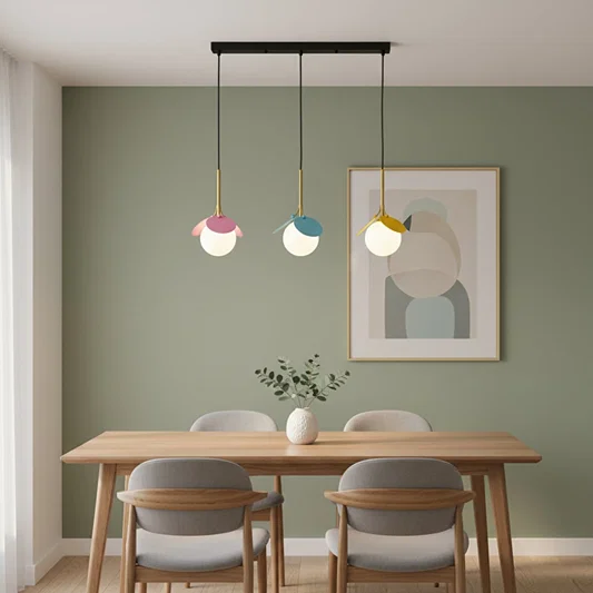 Colorful metal pendant lights creating playful ambience above the dining table in modern interiors.