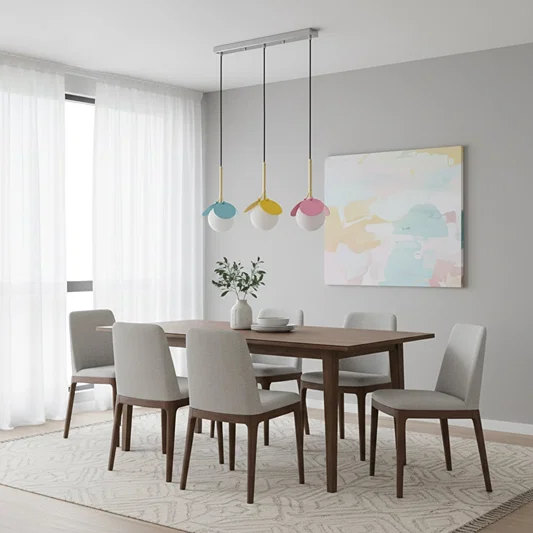 Colorful pendant lights creating playful ambience above the dining table in bright modern interiors.