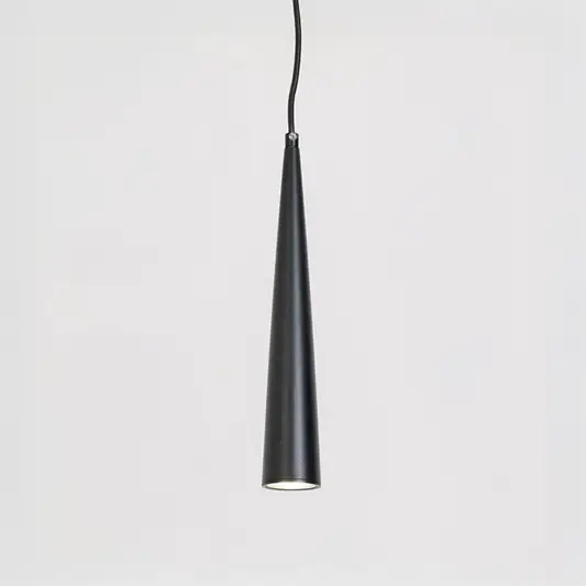 Contemporary pendant light in black metal finish with cone shape design for kitchen or dining decor lighting white background.