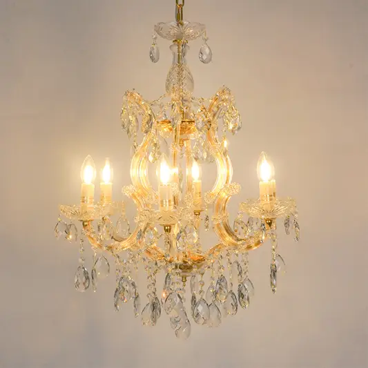 White background image of candelabra chandelier for modern living room decor styling with a bright warm glow.