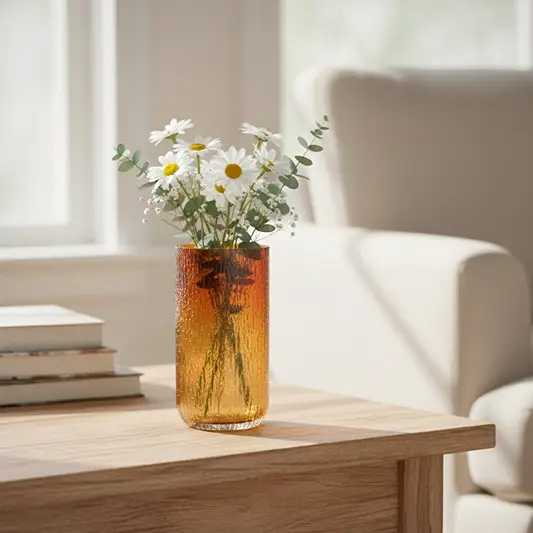 Amber textured glass floor vase styled in living room corner modern decorative glass accent for console floor or table styling home.