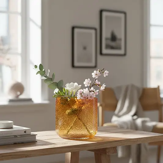 Amber textured glass planter styled on living room floor modern decorative glass accent for console corner or table styling home.
