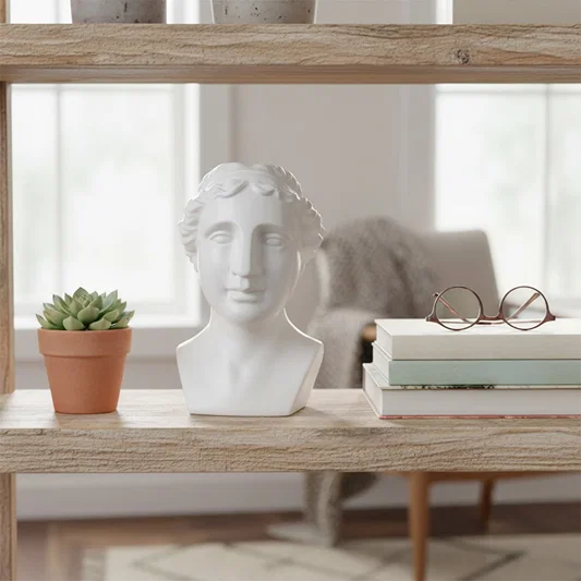 White sculpted bust decor piece displayed on a bright stepped surface creating a modern artistic accent for living room and tabletop styling.