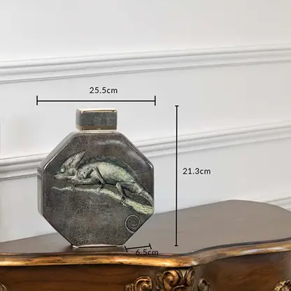 Dark green ceramic jar with engraved horse artwork in a front view measuring 19.5 cm width and 24.5 cm height perfect for rustic décor themes.