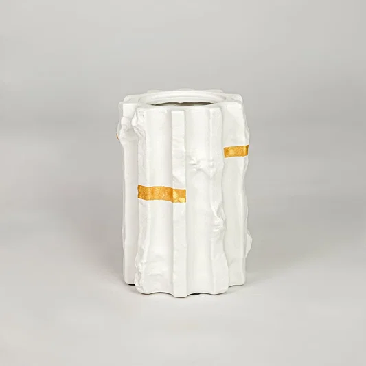 White ceramic decorative vase with gold accent modern flower vase for shelf console table living room home decor styling.