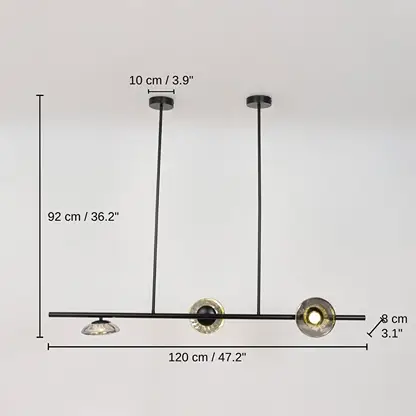 Black metal chandelier with smoky glass discs, base 92 x 120 x 8 cm (36.2 x 47.2 x 3.1 inches), canopy 10 x 10 cm (3.9 x 3.9 inches) dimensions