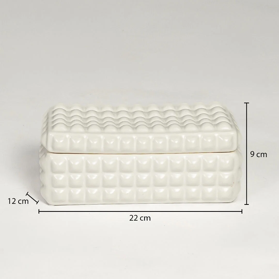 White ceramic decorative tray with textured pattern showing product dimensions for elegant tabletop home decor displays.