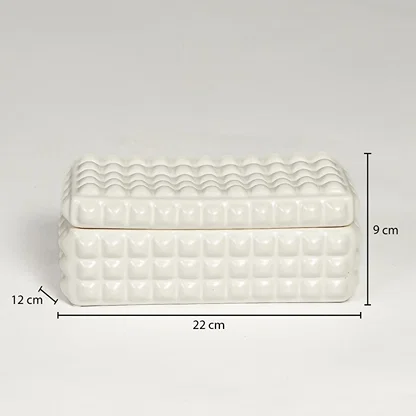 White ceramic decorative tray with textured pattern showing product dimensions for elegant tabletop home decor displays.