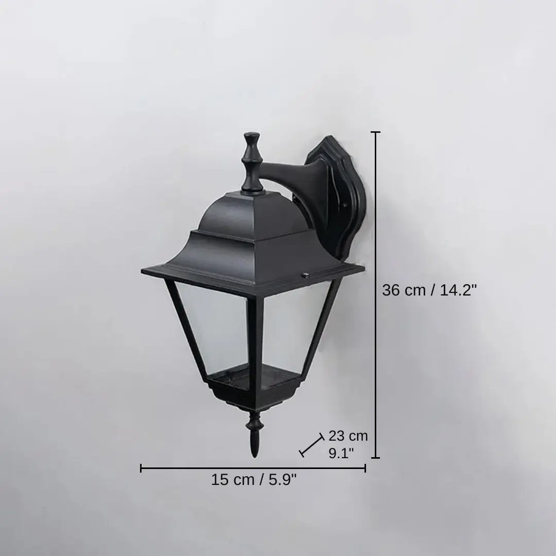 Black metal outdoor wall light, 36 x 15 x 19 cm (14.2 x 5.9 x 7.5 inches) dimensions