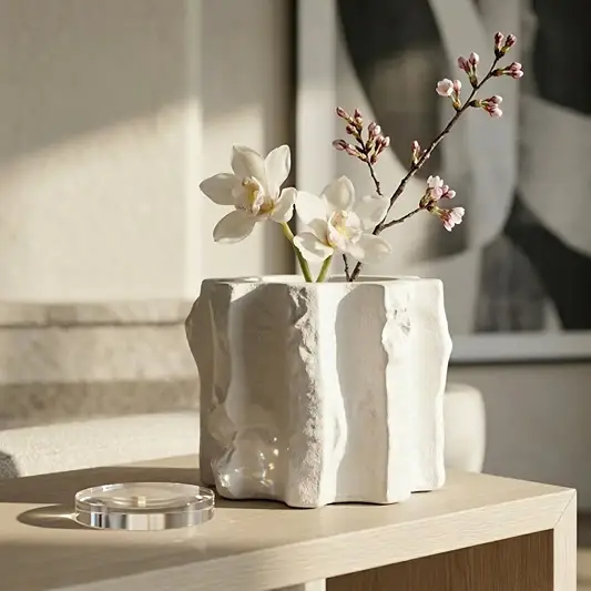 White ceramic decorative flower vase placed on table with flowers modern minimal home decor styling idea.