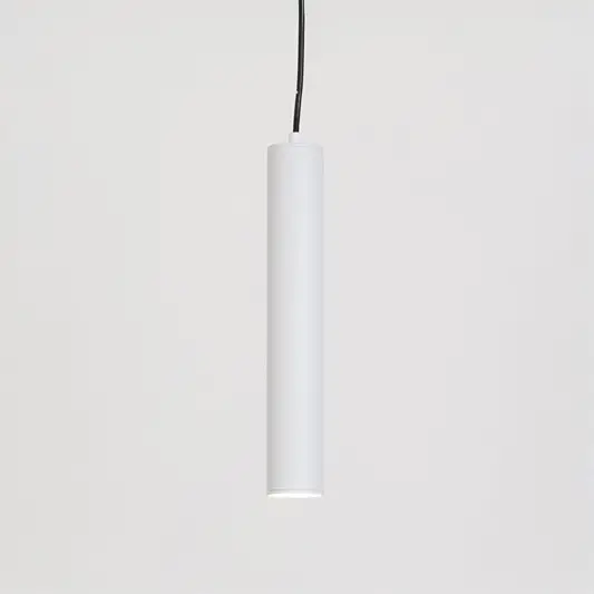 Minimal pendant light in white finish with cylindrical design for kitchen island or dining decor lighting white background.