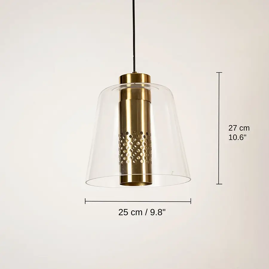 Brushed gold and clear glass pendant light, 27 x 25 x 25 cm (10.6 x 9.8 x 9.8 inches) dimensions