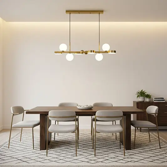 Black and gold metal chandelier with frosted glass globe shades illuminating a modern dining room with refined style.