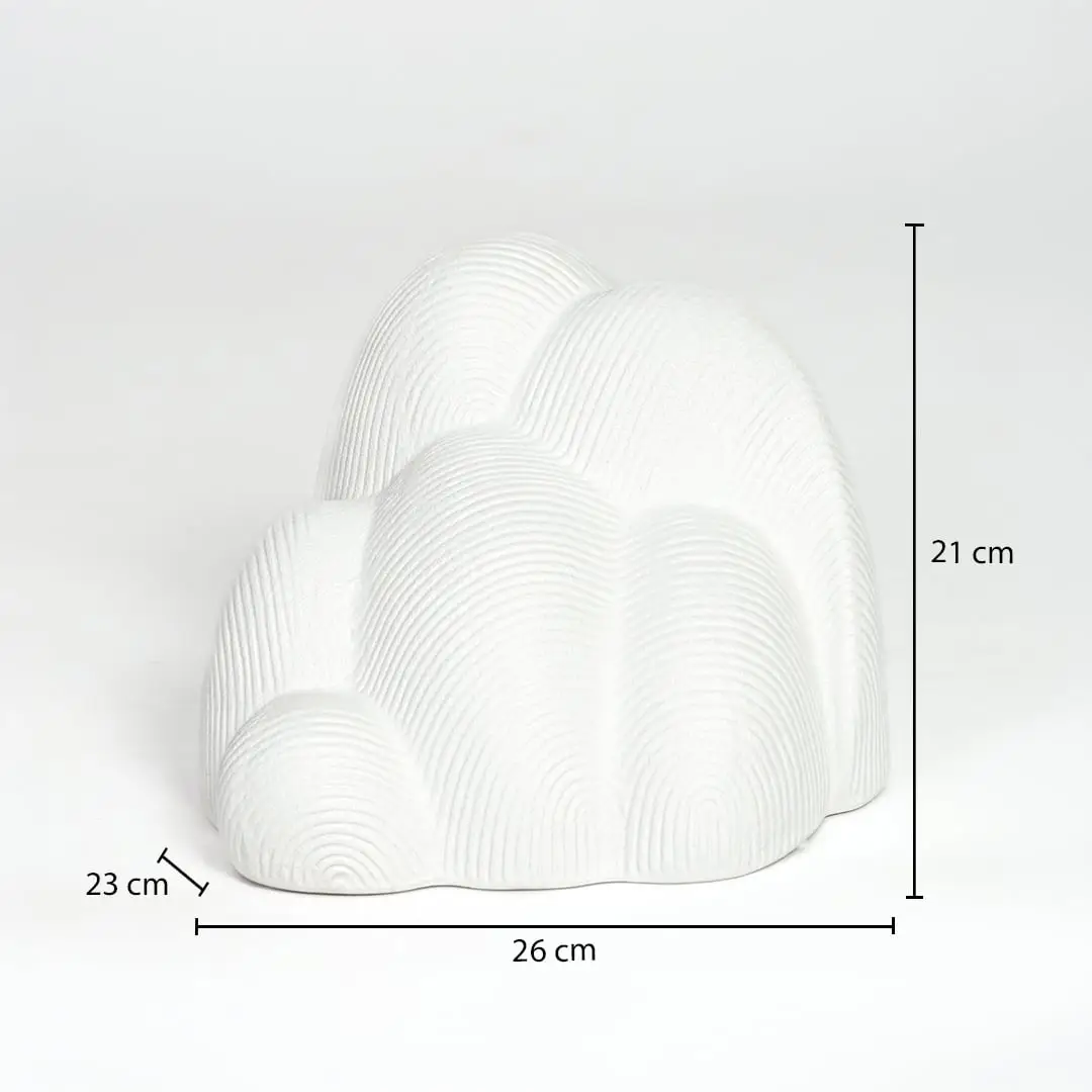 White ceramic abstract sculpture 21 cm height 26 cm width ideal for shelf and tabletop decor placement.