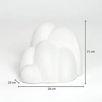 White ceramic abstract sculpture 21 cm height 26 cm width ideal for shelf and tabletop decor placement.