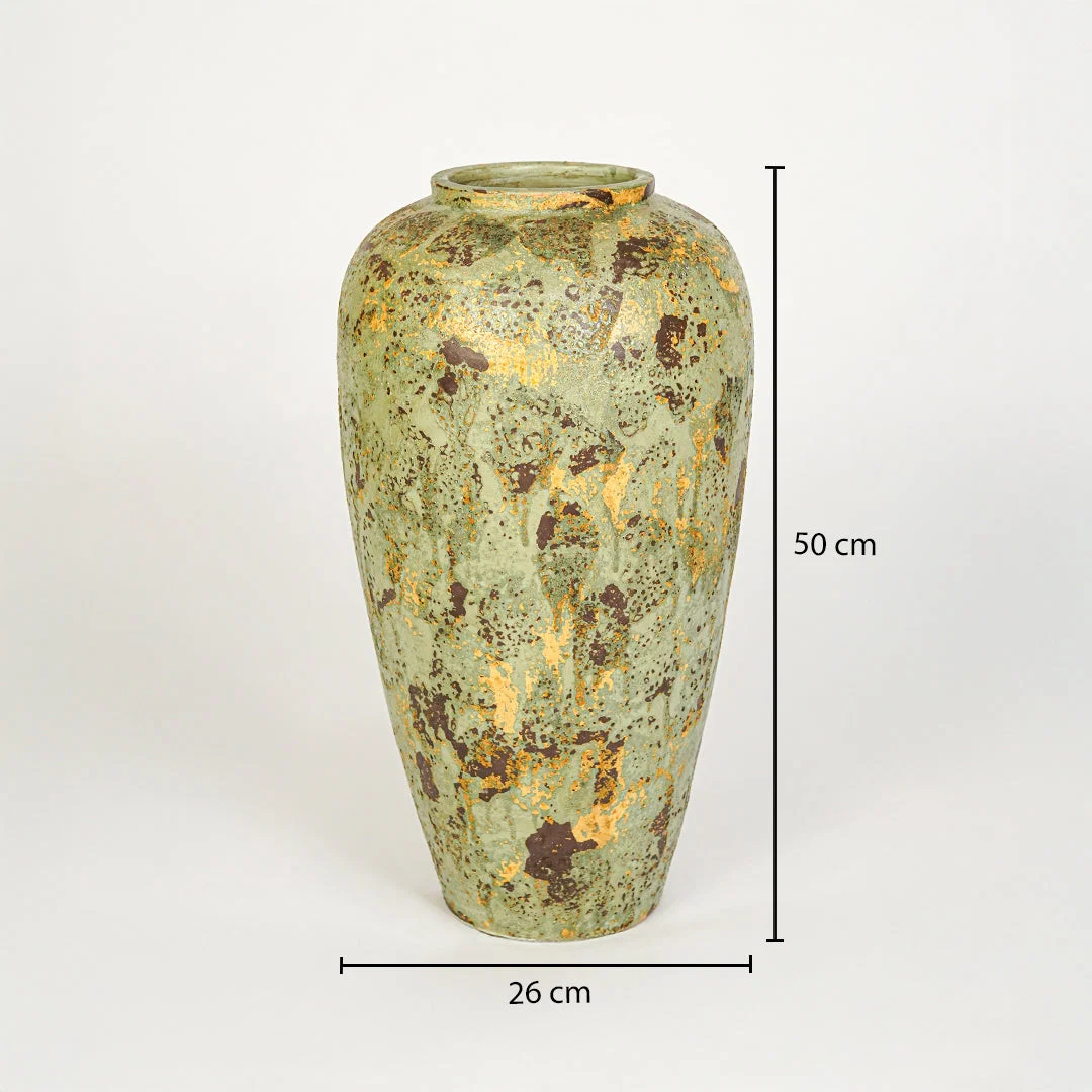 Dimension image of green ceramic floor vase for elegant interior decor styling with textured artistic finish.