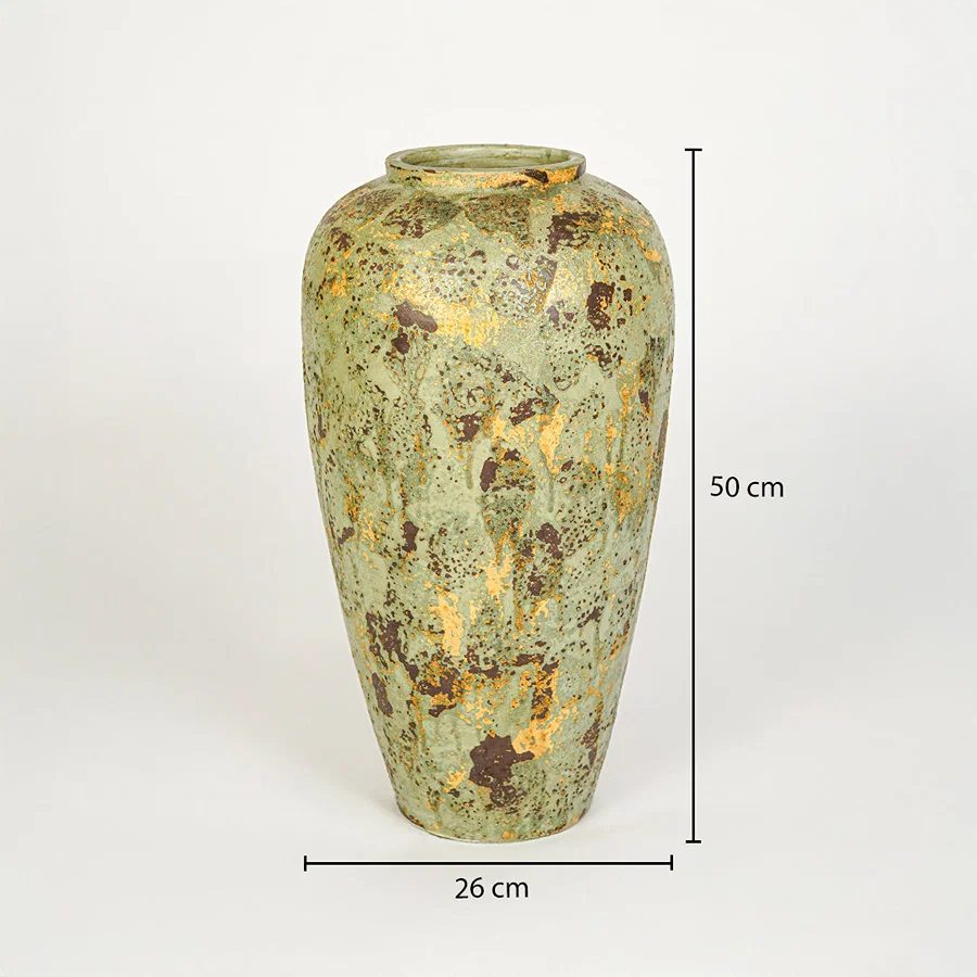 Dimension image of green ceramic floor vase for elegant interior decor styling with textured artistic finish.
