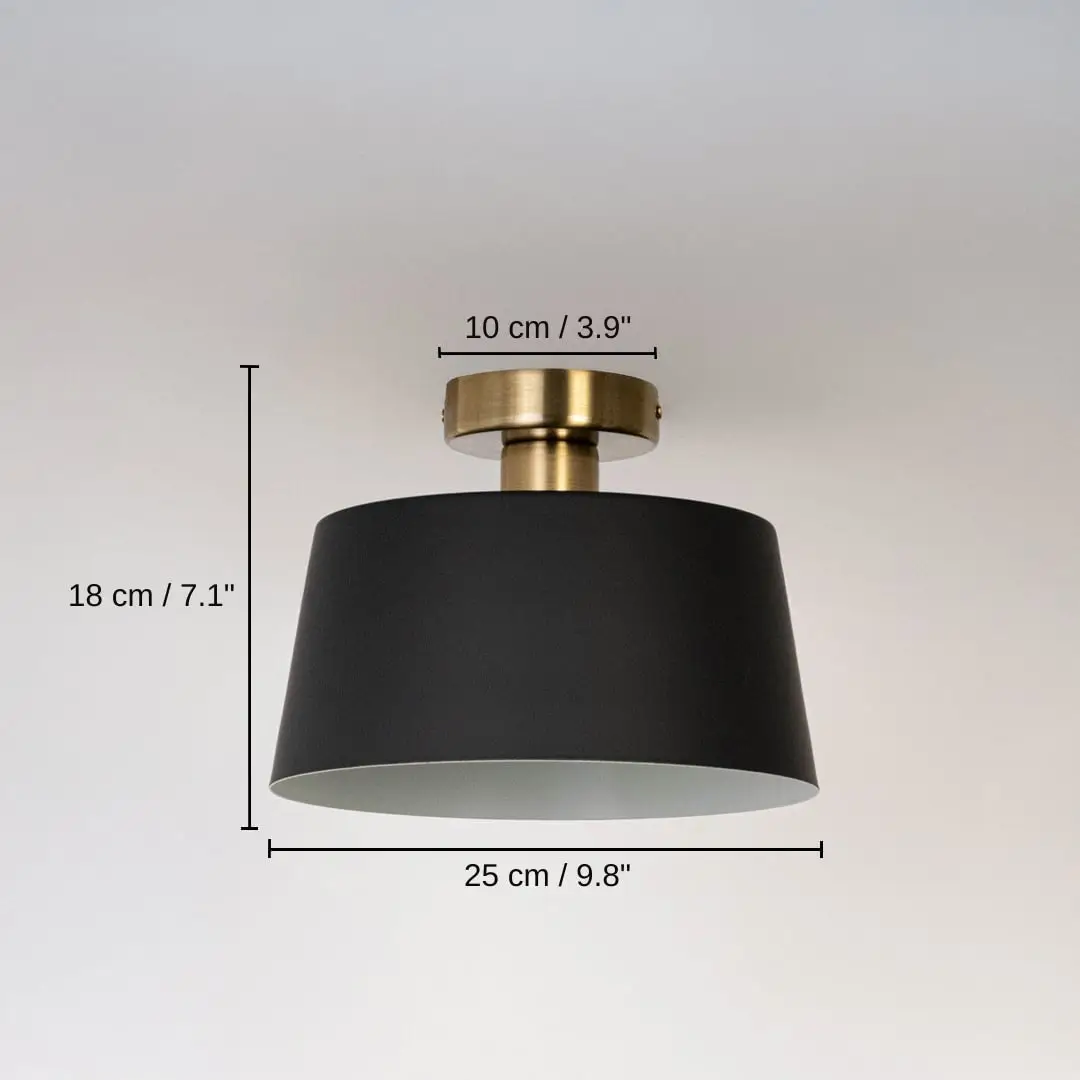 Black ceiling light with gold base and drum shade, base 18 x 25 x 25 cm (7.1 x 9.8 x 9.8 inches), canopy 10 x 10 cm (3.9 x 3.9 inches) dimensions