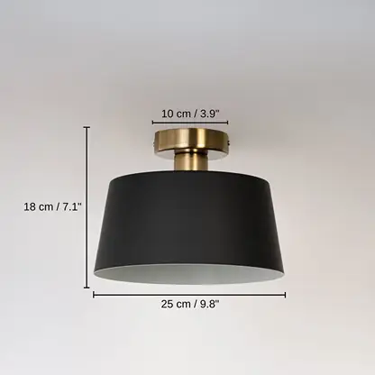 Black ceiling light with gold base and drum shade, base 18 x 25 x 25 cm (7.1 x 9.8 x 9.8 inches), canopy 10 x 10 cm (3.9 x 3.9 inches) dimensions