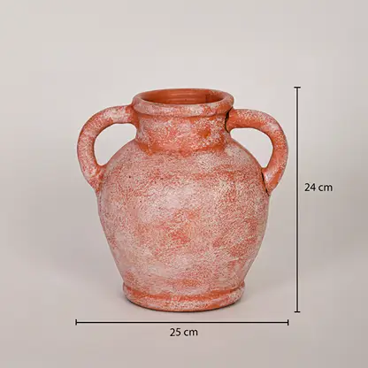 Terracotta ceramic vase shown with 24 cm height and 25 cm width measurements for accurate tabletop placement planning.