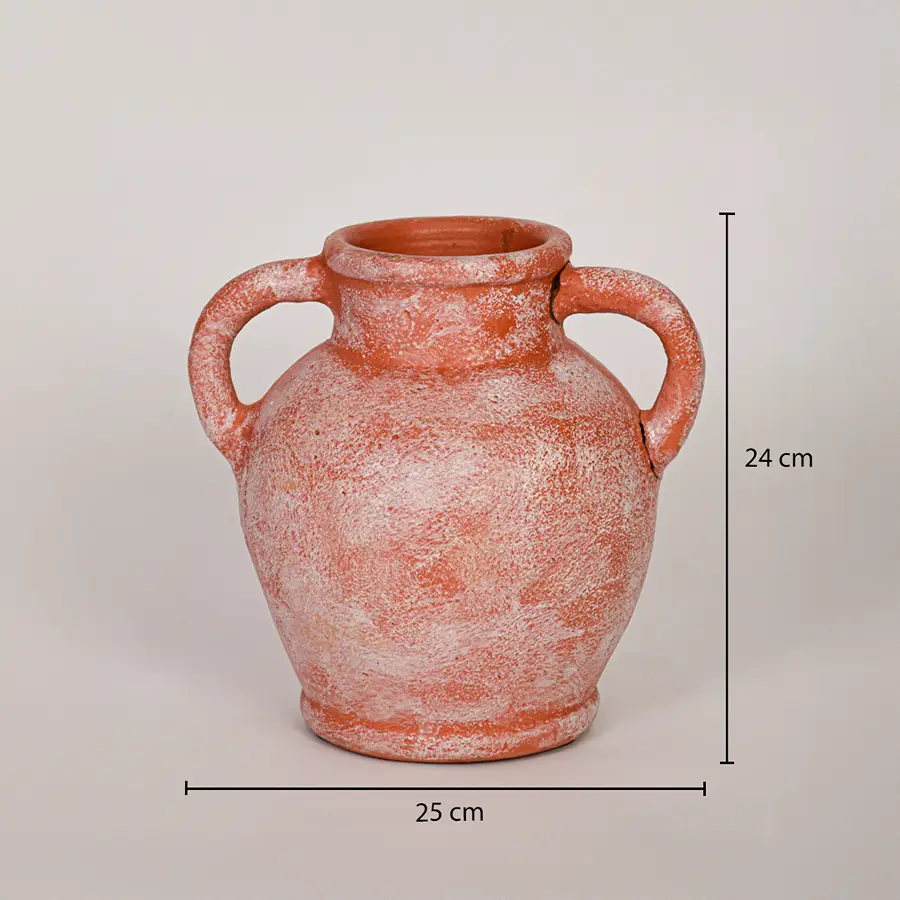 Terracotta ceramic vase shown with 24 cm height and 25 cm width measurements for accurate tabletop placement planning.