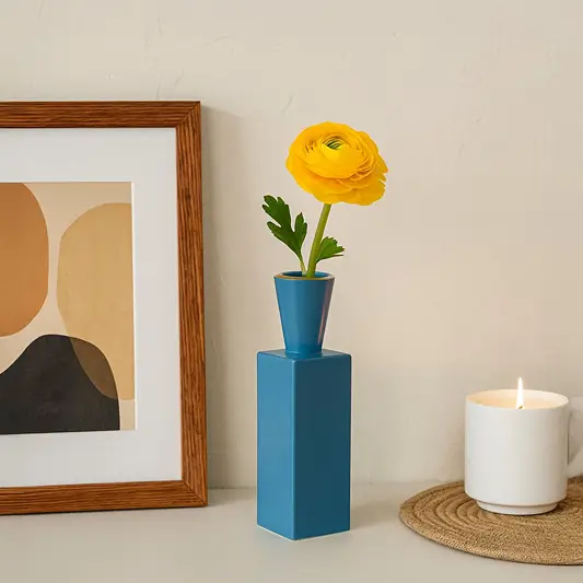 A blue modern geometric vase styled in a minimal living space  highlighting its sleek tall shape and elegant matte finish for home decor.