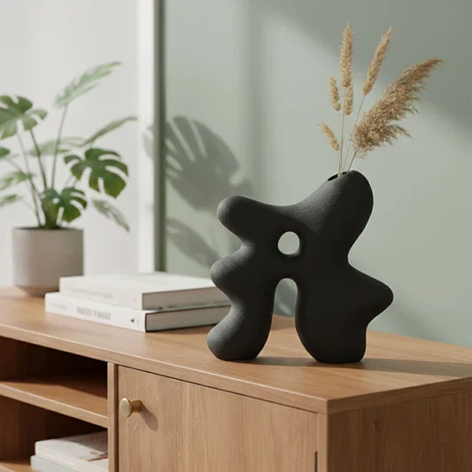 Dark grey ceramic abstract hollow vase styled on console table for modern living room decor accent.