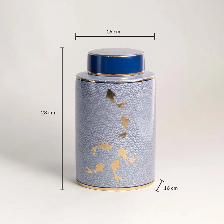 Blue ceramic jar with golden fish pattern shown with 28 cm height and 16 cm width dimensions for decor placement.