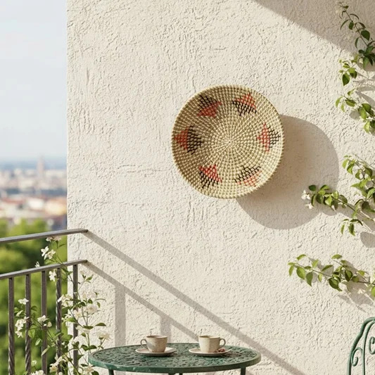 Handcrafted wall decor plate in natural fiber finish mounted on balcony wall adding earthy texture and relaxed bohemian outdoor styling.