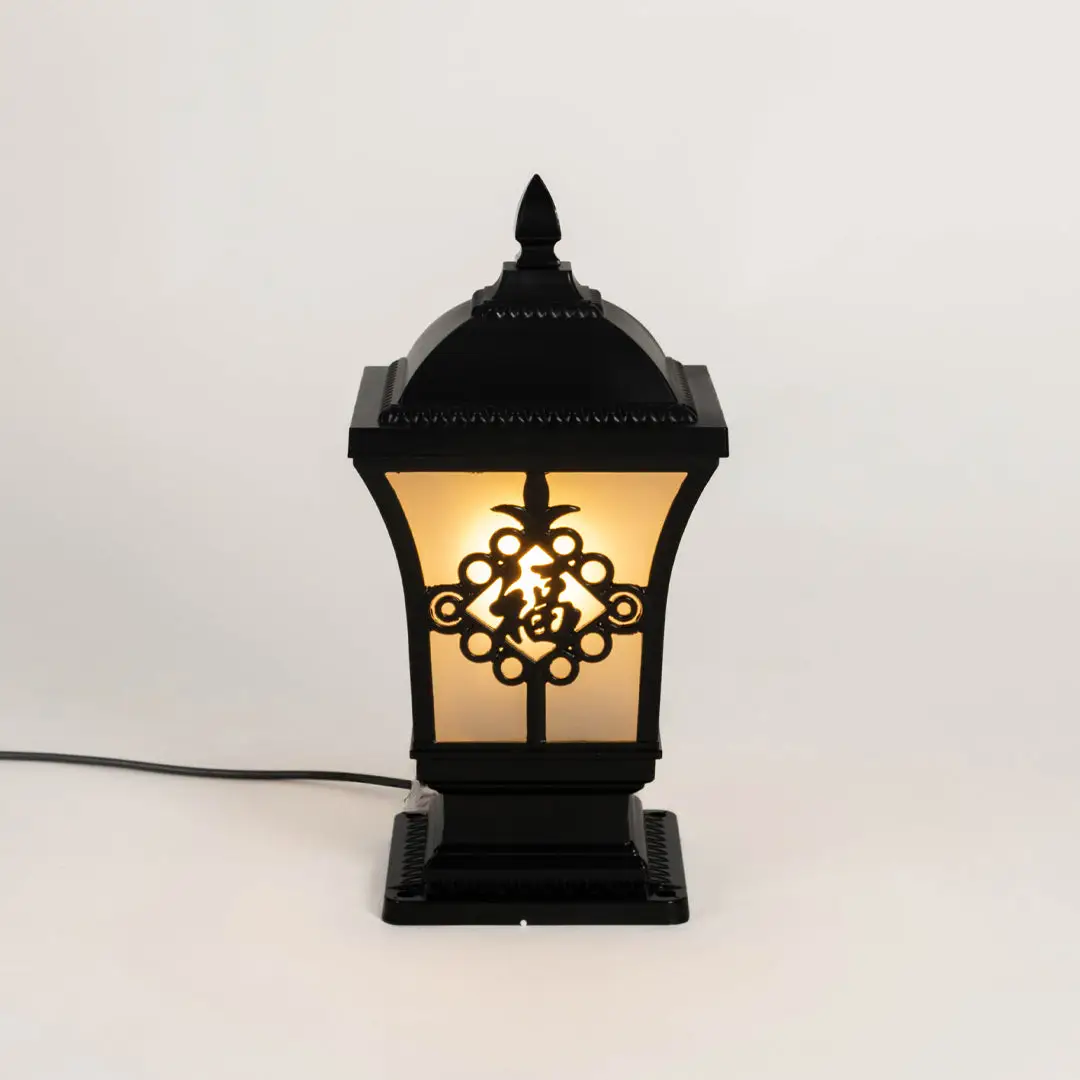 Decorative black outdoor gate light with floral glass panels for luxury exterior decor styling.