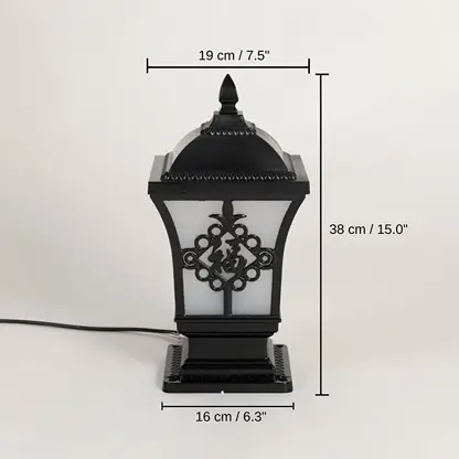 Black traditional post lantern, 38 x 16 x 19 cm (15.0 x 6.3 x 7.5 inches) dimensions