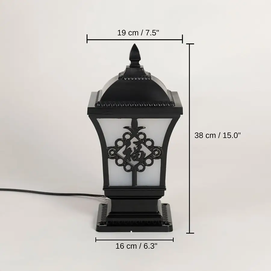 Black traditional post lantern, 38 x 16 x 19 cm (15.0 x 6.3 x 7.5 inches) dimensions