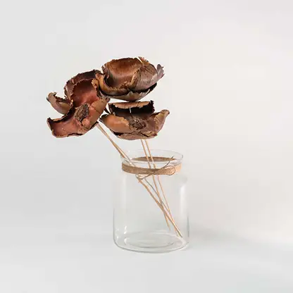 Three natural brown dried woody pod flower stems arranged inside a clear glass vase jar for rustic farmhouse kitchen decor.