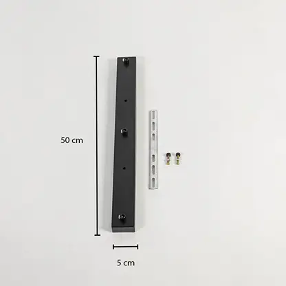 Black metal ceiling mounting plate dimension image with 5 cm width and 50 cm length for pendant light installation.