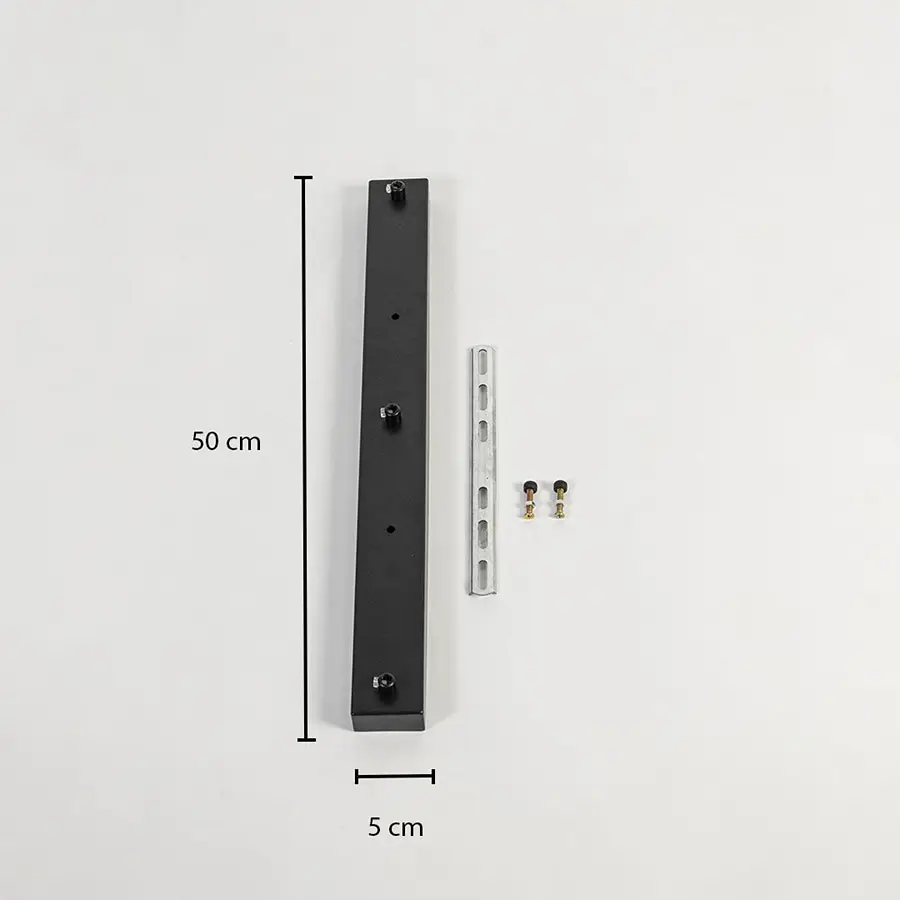 Black metal ceiling mounting plate dimension image with 5 cm width and 50 cm length for pendant light installation.