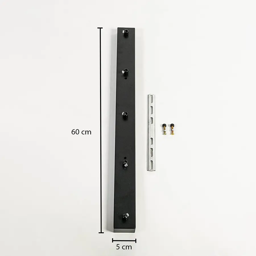 Black metal ceiling mounting plate dimension image with 5 cm width and 60 cm length for pendant light installation.