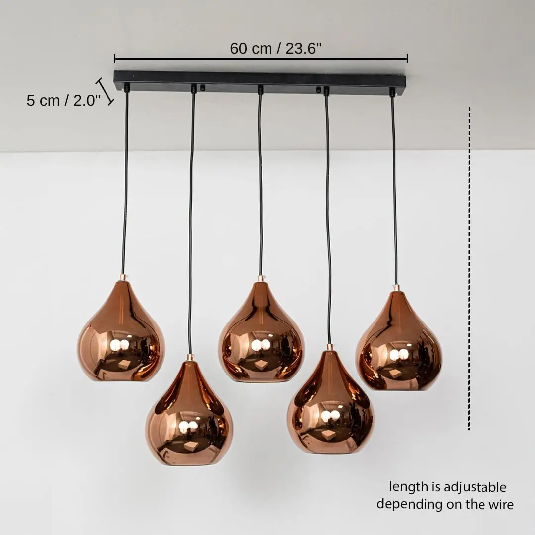 Five copper finish pendant lights, 60 x 5 cm (23.6 x 2.0 inches) dimensions