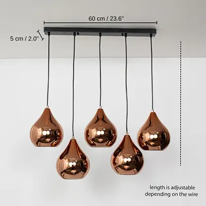 Five copper finish pendant lights, 60 x 5 cm (23.6 x 2.0 inches) dimensions