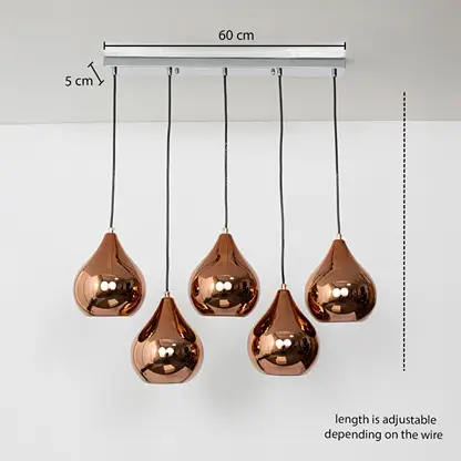 Adjustable five light copper pendant cluster with glossy teardrop shades shown with a clear hanging height guide for accurate visual presentation.